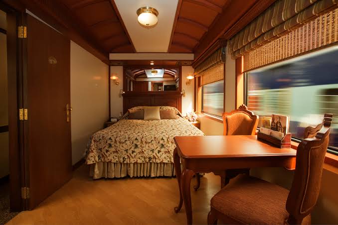 Suite aboard the Maharajas’ Express with Rajasthani-style furnishings