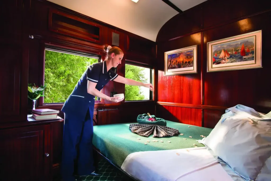 Rovos Rail’s Pride of Africa vintage train crossing the South African landscape