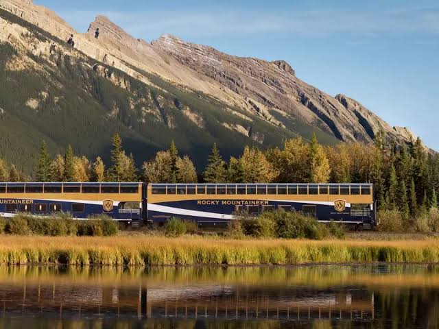 Rocky Mountaineer glass-dome train in the Canadian Rockies