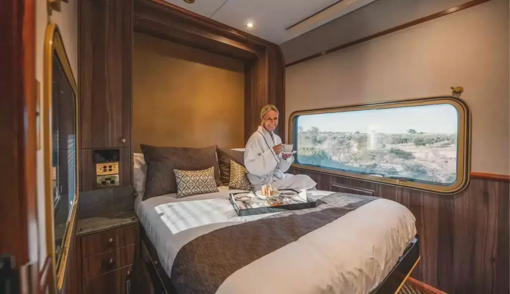 Platinum Service cabin on the Indian Pacific with double bed and large window